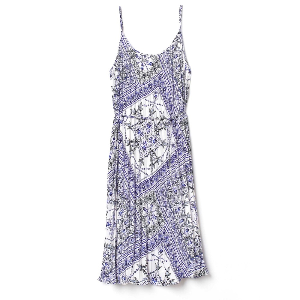 H&M Blue and White Print Sleeveless Sundress Pleated Midi Dress XS